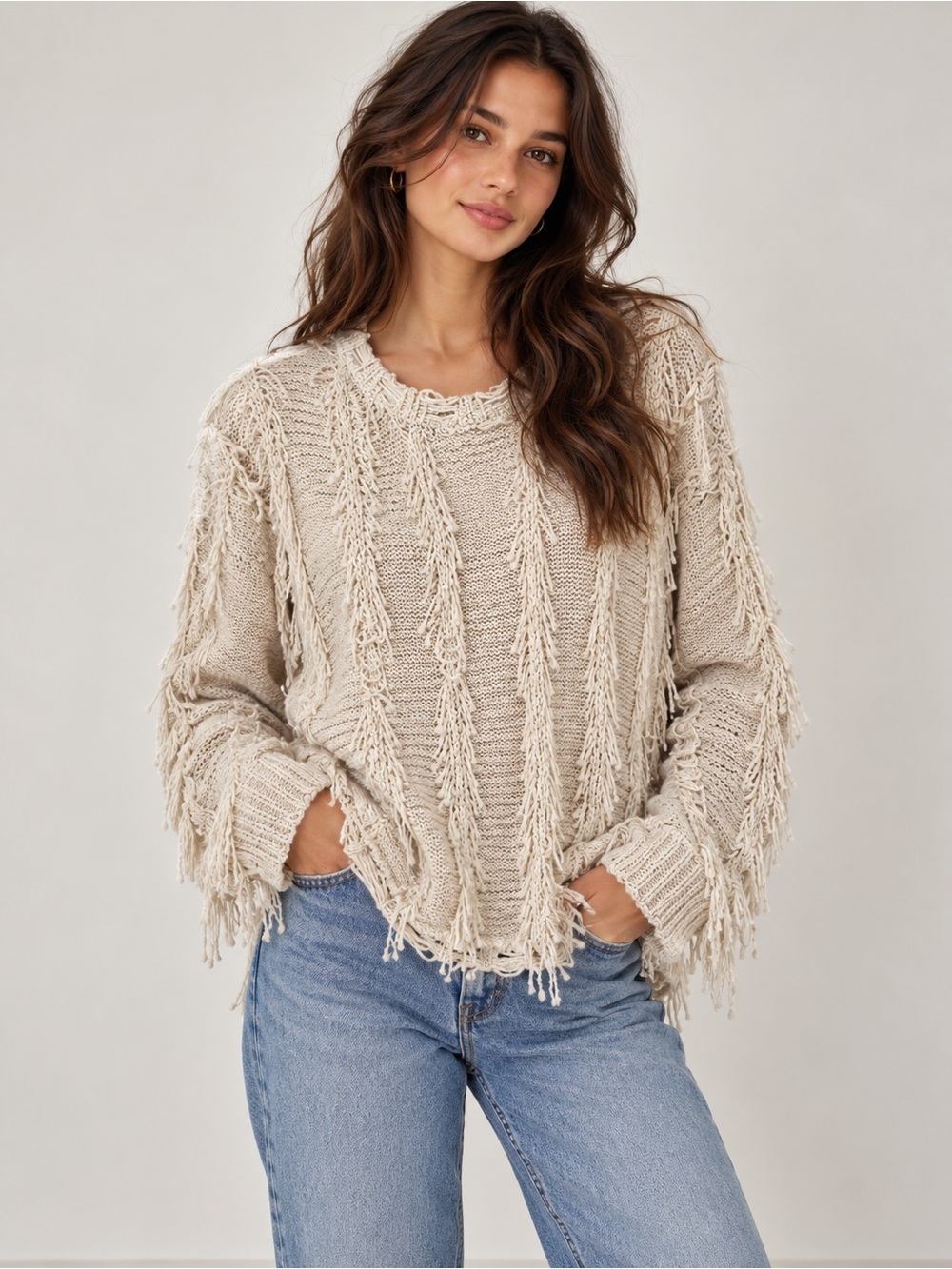 Fringed Crewneck Sweater in Cream